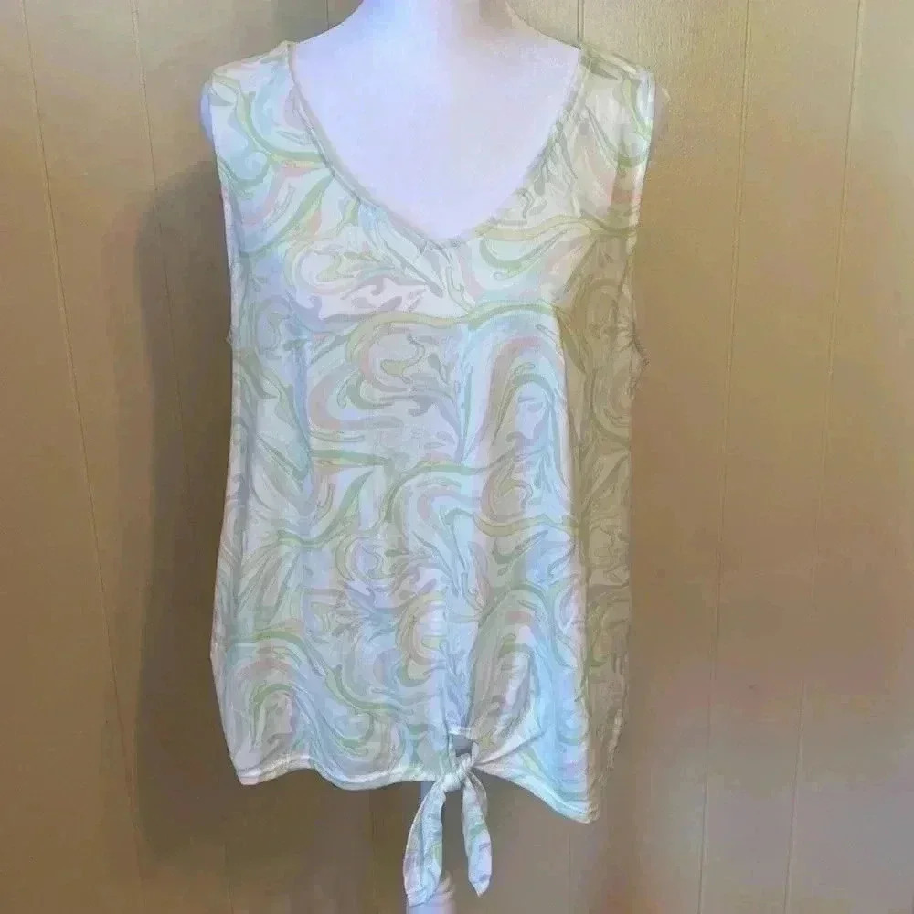 Kikit Woman’s Sleeveless Top with a Tie Front.  Pastel Swirl Design. Size Large.